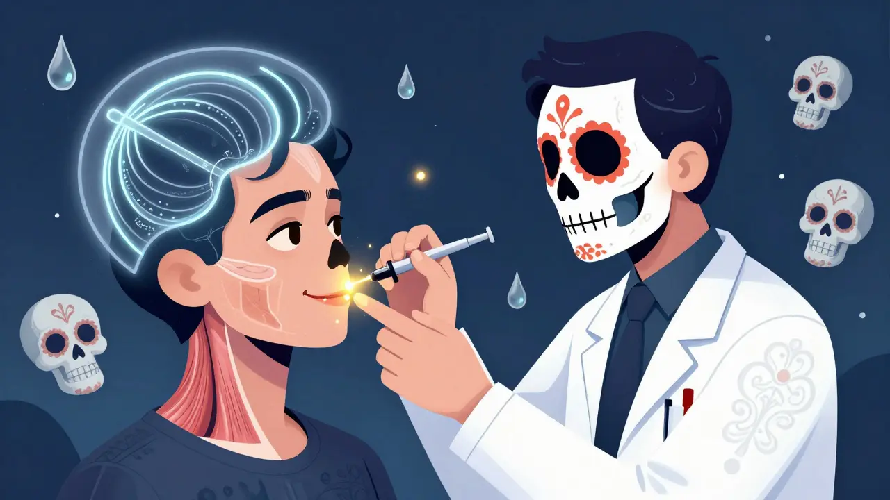 Врач вводит ботокс в точку у верхней губы, вокруг — прозрачные схемы мышц и сахарные черепа.