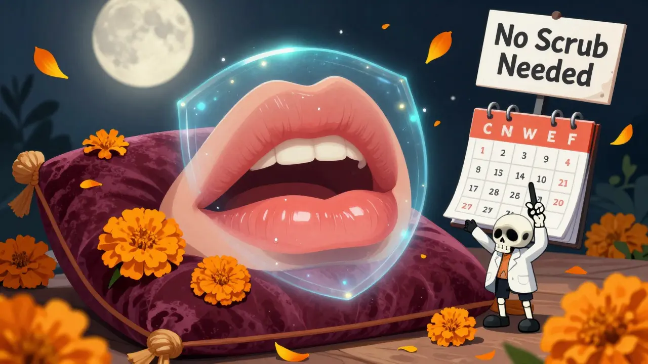 Здоровые губы с цветами и защитным сиянием, рядом скелет с табличкой 'Не нужно пилинг' в стиле Дня мёртвых.