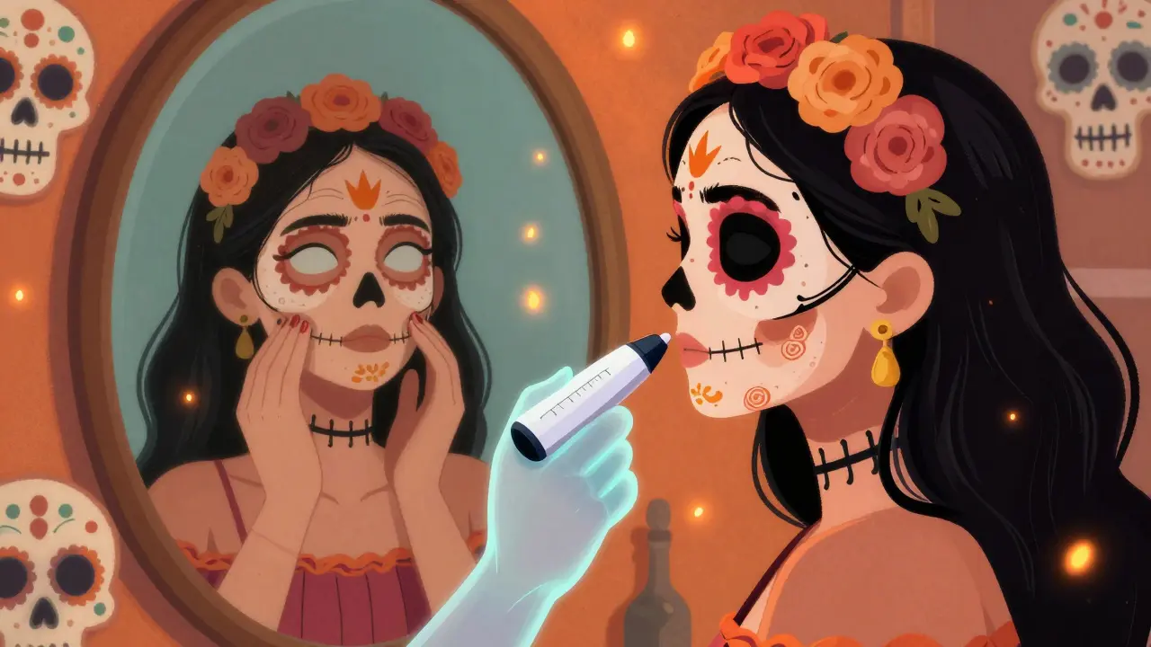 Женщина измеряет упругость кожи, её отражение показывает улучшение, вокруг — цветы и черепа в стиле Дня мёртвых.