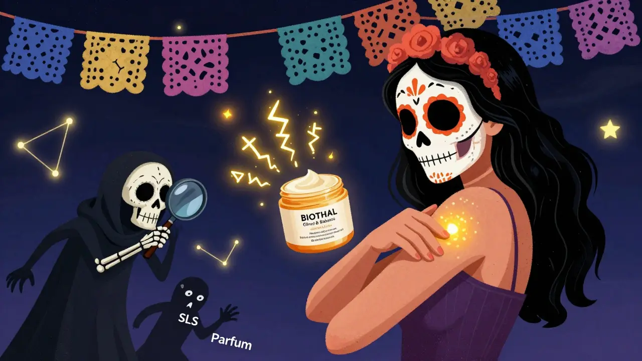 Женщина наносит крем, а скелет с лупой проверяет безопасные ингредиенты на коже.