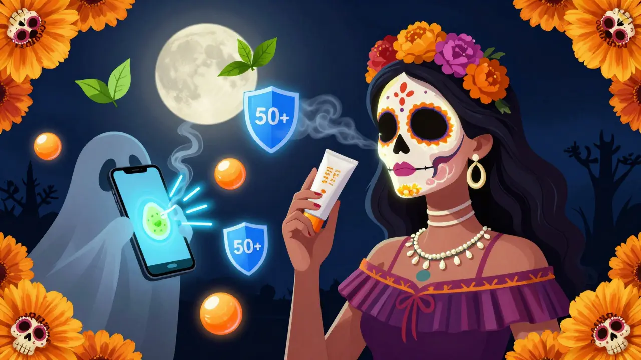 Женщина наносит солнцезащитный крем ночью, вокруг нее — антиоксиданты и защита от синего света в стиле Дня мертвых.
