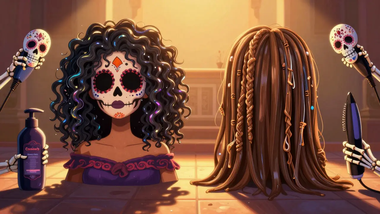 Женщина с кудрявыми волосами, разделенными на две части: одна — сияющая и здоровая, другая — тяжелая и ломкая, вокруг — костяные руки с бутылками и утюжком.