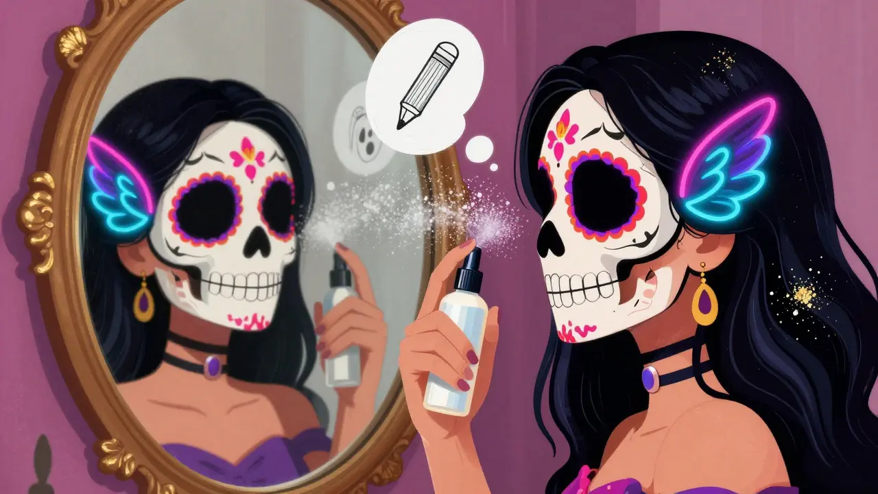 Женщина смотрит в зеркало-череп, симметричные стрелки светятся, как сахарные черепа, вокруг — туманные эскизы.