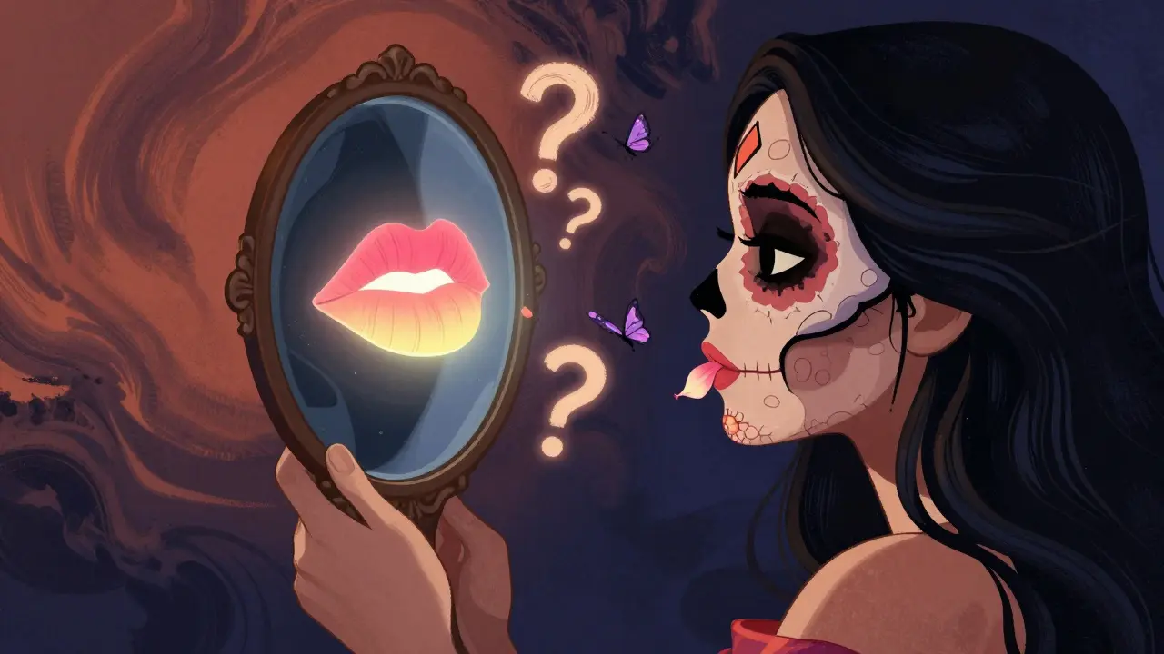 Женщина смотрит в зеркало, где отражаются летящие губы и бабочки в стиле Дня мертвых.