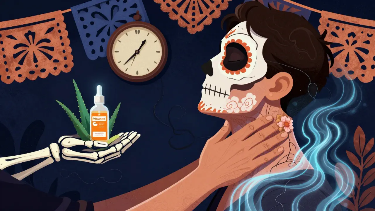 Человек делает массаж шеи, пальцы поднимают тёмные складки вверх, вокруг — костяные руки с кремами, на фоне цветочные узоры и часы.