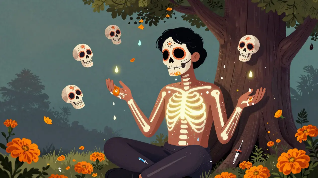 Человек сидит под деревом, капли пота превращаются в черепки, а вокруг — танцующие скелеты, символизирующие борьбу с потливостью.