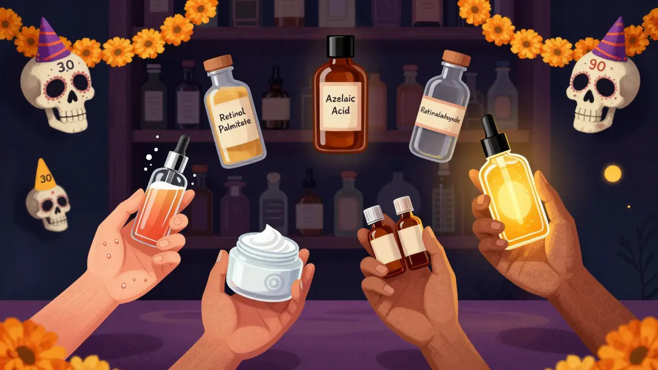 Четыре руки выбирают средства для ухода за кожей на волшебной полке с флаконами ретиноидов и кислот.