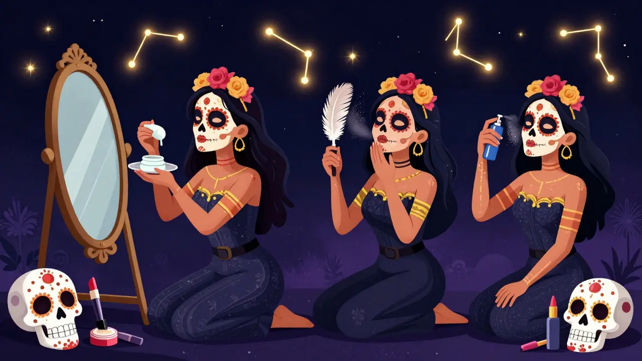 Четыре шага макияжа как ритуал: увлажнение, тональный крем, пудра и фиксатор, сопровождаемые черепами в стиле Дня мёртвых.