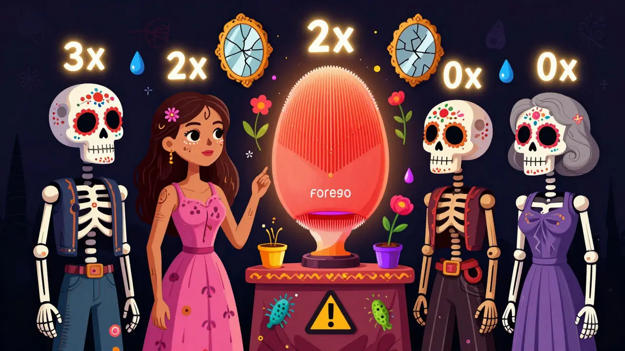 Четыре скелета разных типов кожи с цифрами над головами, вокруг центральной щетки, украшенной предупреждающими символами, в стиле Дня мертвых.