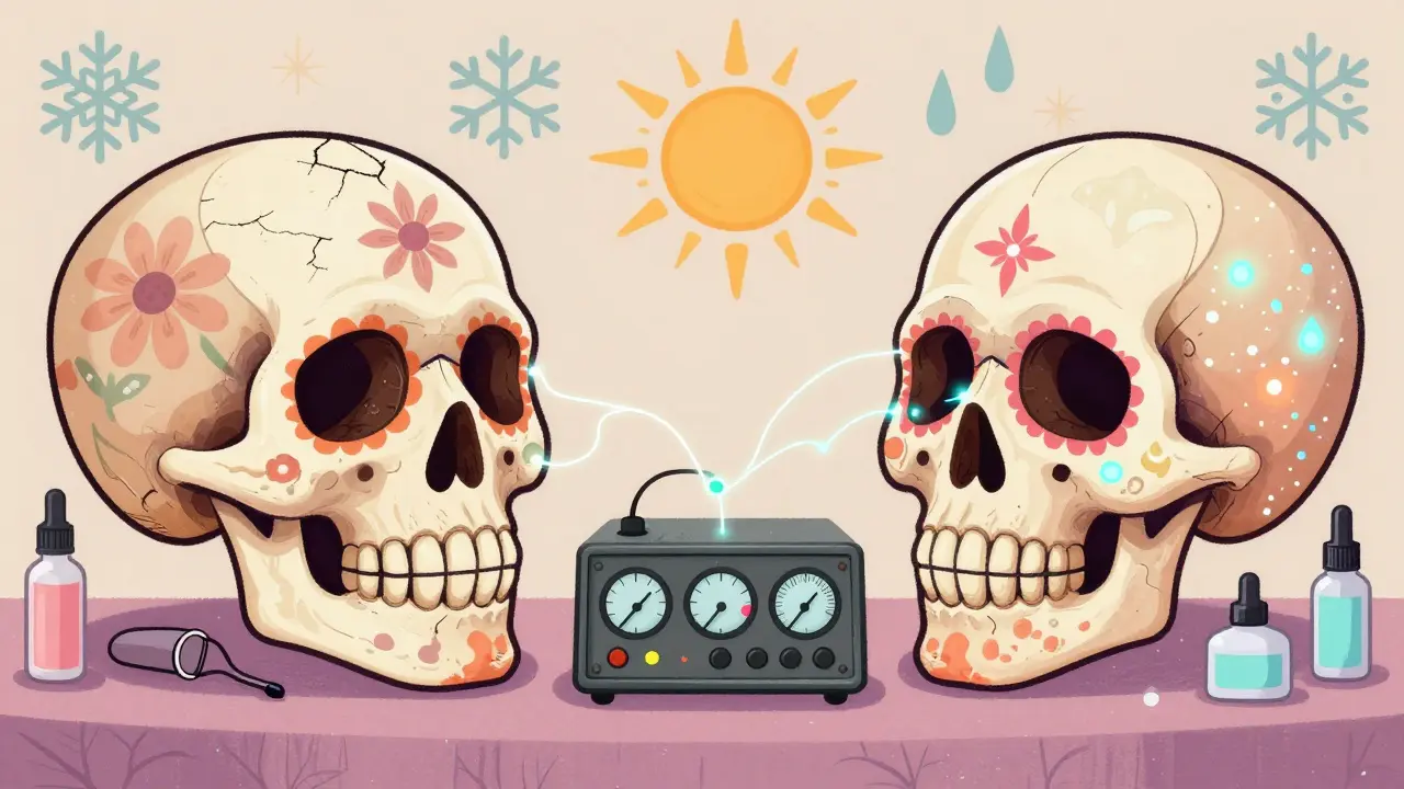 Два черепа: один с сухой кожей, другой — с увлажнённой, между ними — данные и сезонные символы.