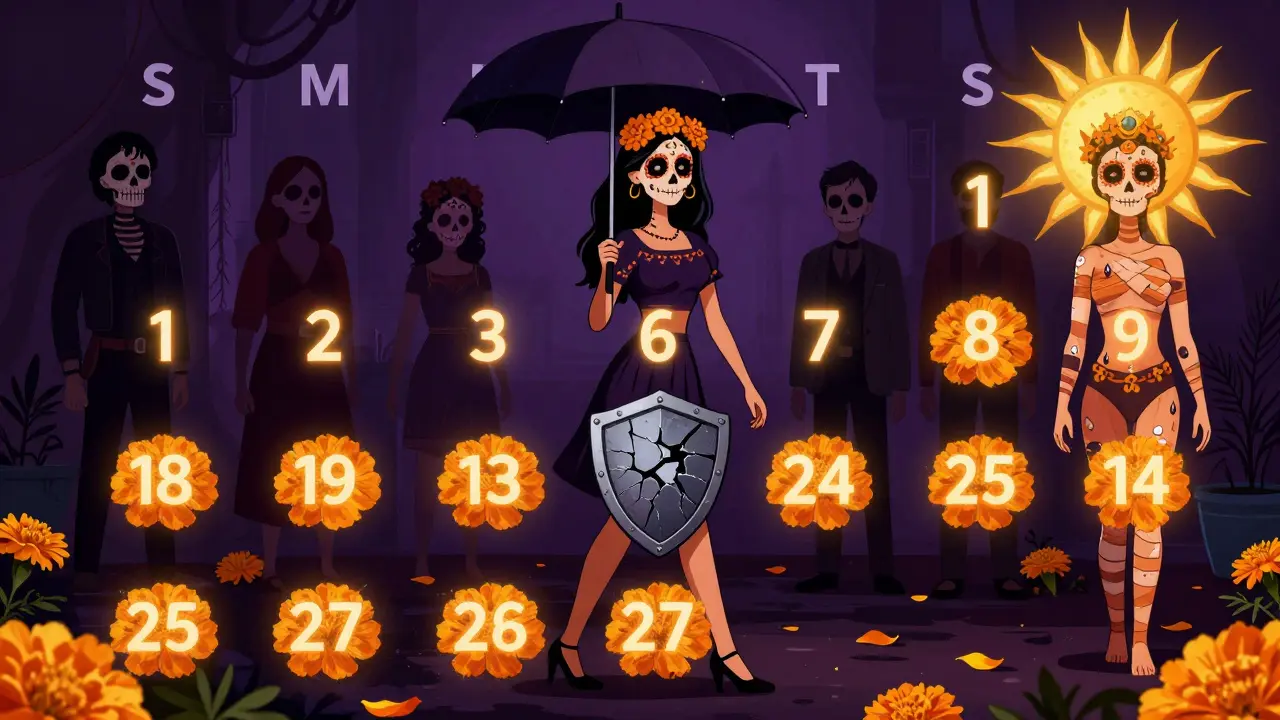 Календарь с 14 днями восстановления кожи, где каждый день показан разными этапами заживления под защитой.