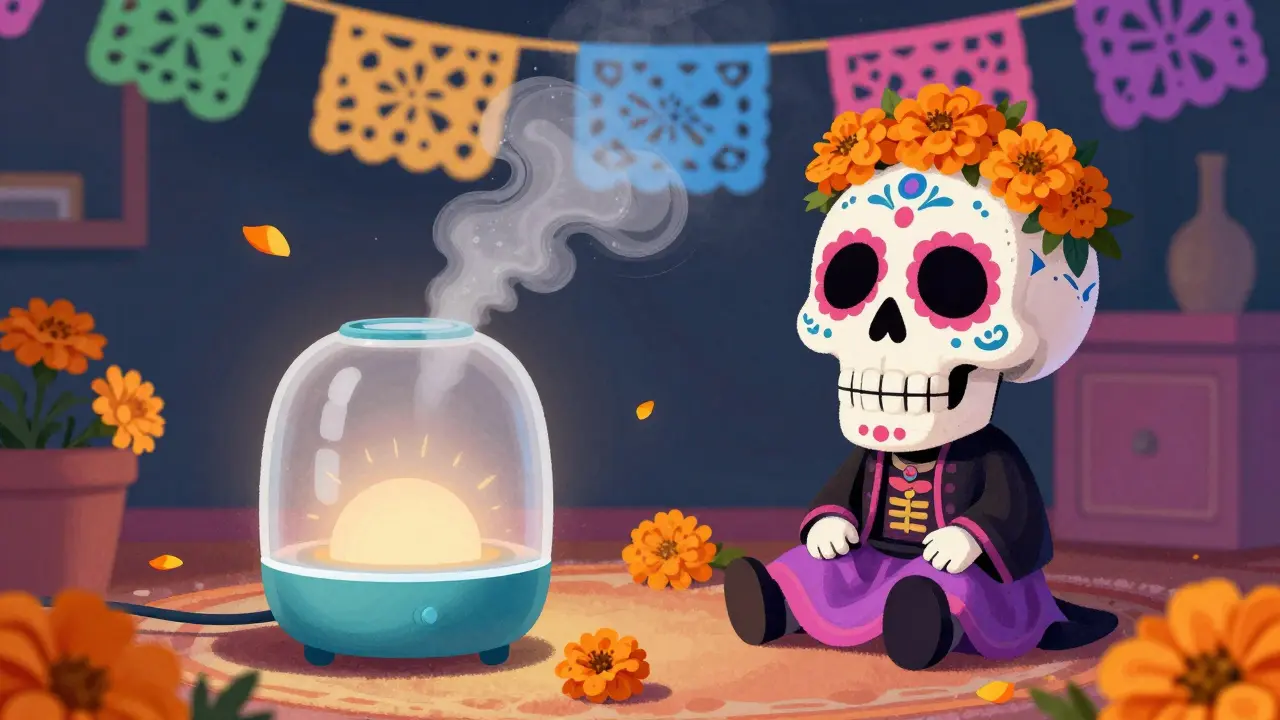 Комната с черепообразным увлажнителем и маригольдами