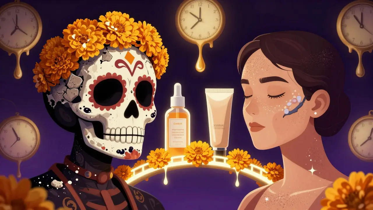 Лицо разделено: одна сторона с катышками макияжа, другая — гладкая, между ними цветочный мост.