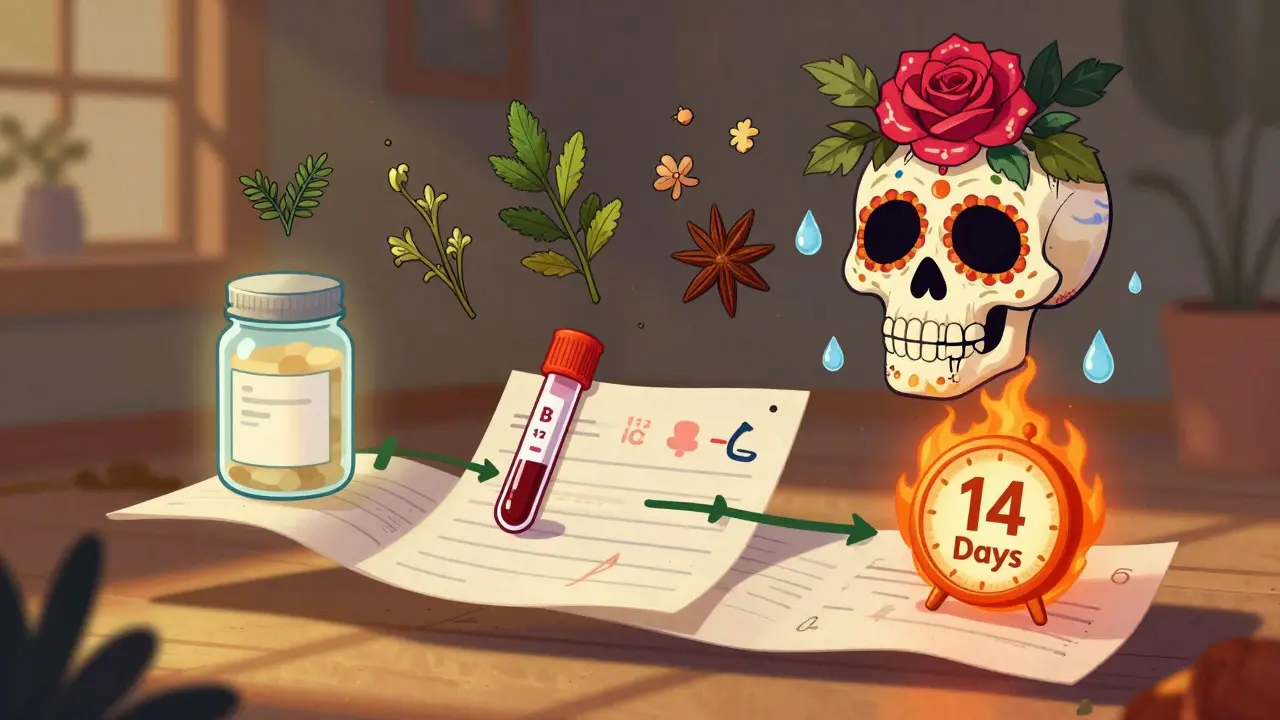 Медицинская схема с тремя путями: бальзам, анализ крови и часы, череп с треснувшими губами превращается в розу.