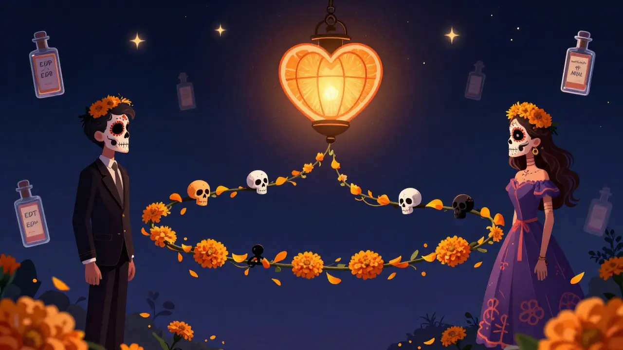 Мужчина и женщина стоят рядом, их ароматы сливаются в одну ленту из мариголдов и черепов под светом фонаря.