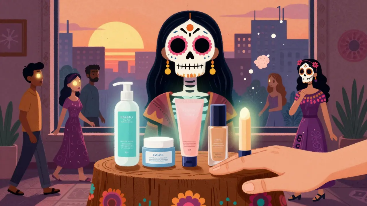 Пять средств для ухода и макияжа выставлены как жертвоприношение на алтаре перед черепом-богиней.