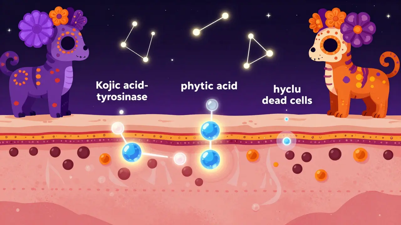 Поперечный срез кожи, где молекулы нейтрализуют пигмент, в окружении мифических существ и светящихся элементов.