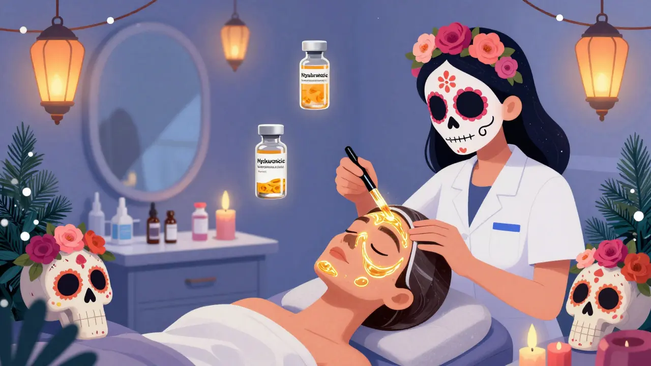 Профессиональная процедура пилинга в зимнем кабинете с волшебными флаконами и скелетами в стиле Дня мёртвых.