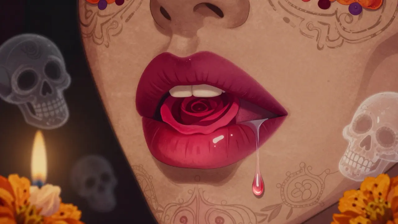 Профиль губ с излучающим светом центром, окруженный цветами и черепами в стиле Дня мёртвых.