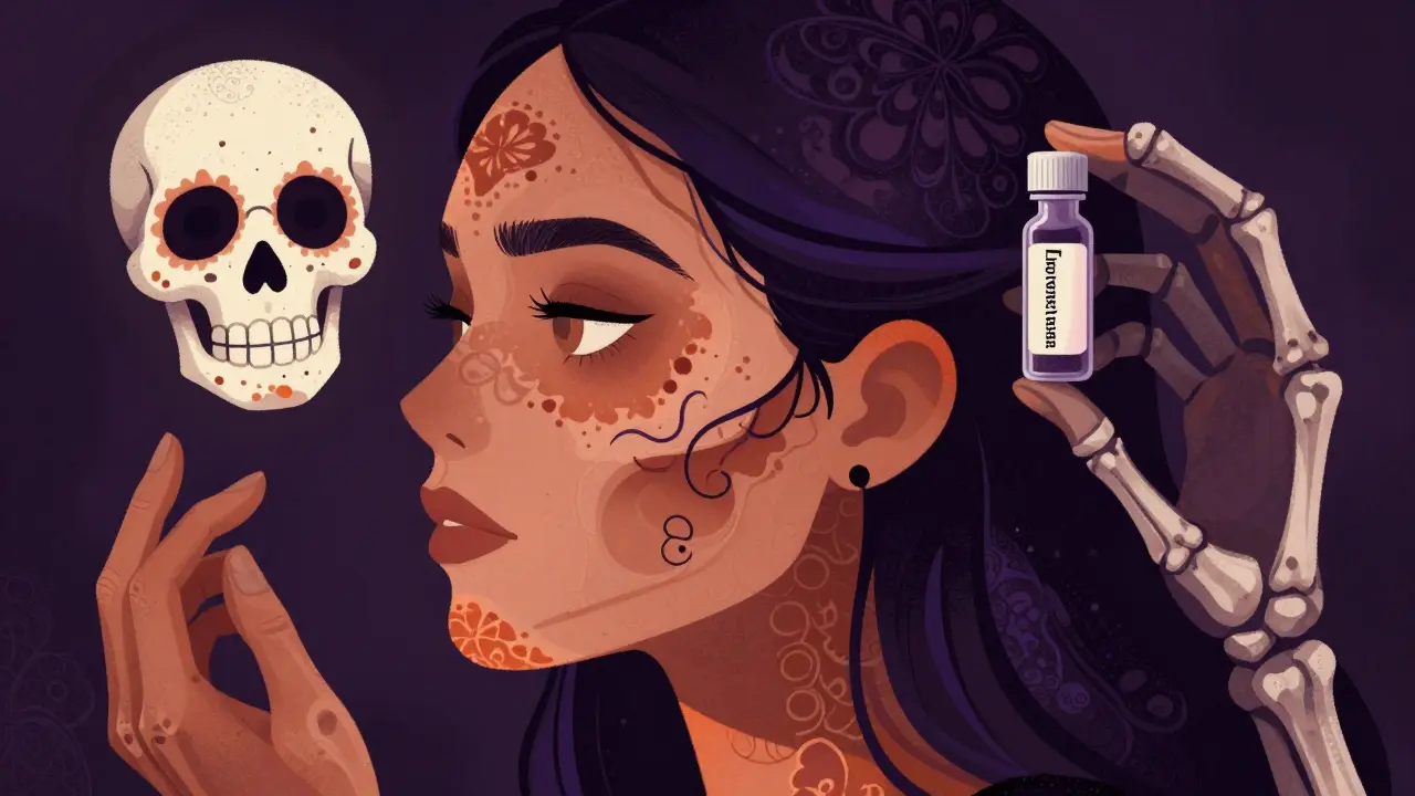 Профиль лица с безупречным переходом к шее, рядом — украшенный череп, символизирующий естественную красоту.