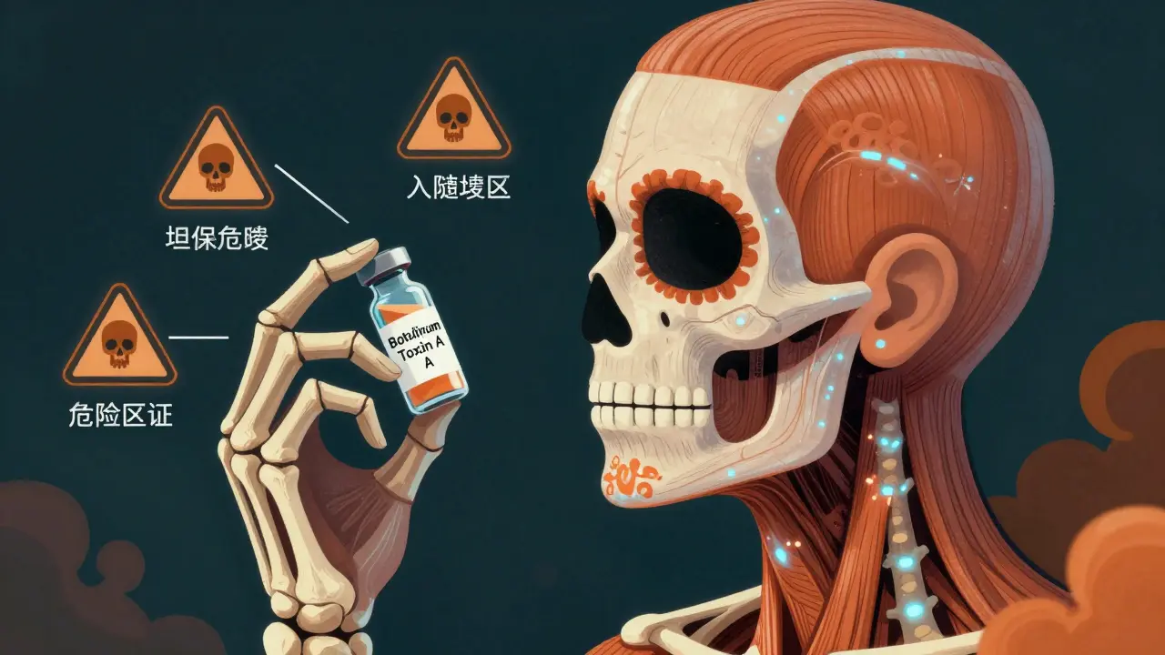 Прозрачный профиль лица с подсвеченными мышцами челюсти и шеи, скелет держит флакон ботокса, предупреждающие символы на опасных зонах.