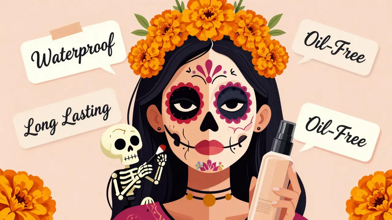 Разделённое лицо: одна сторона с испорченным макияжем, другая — идеальная, украшенная орнаментами в стиле алегрихе.