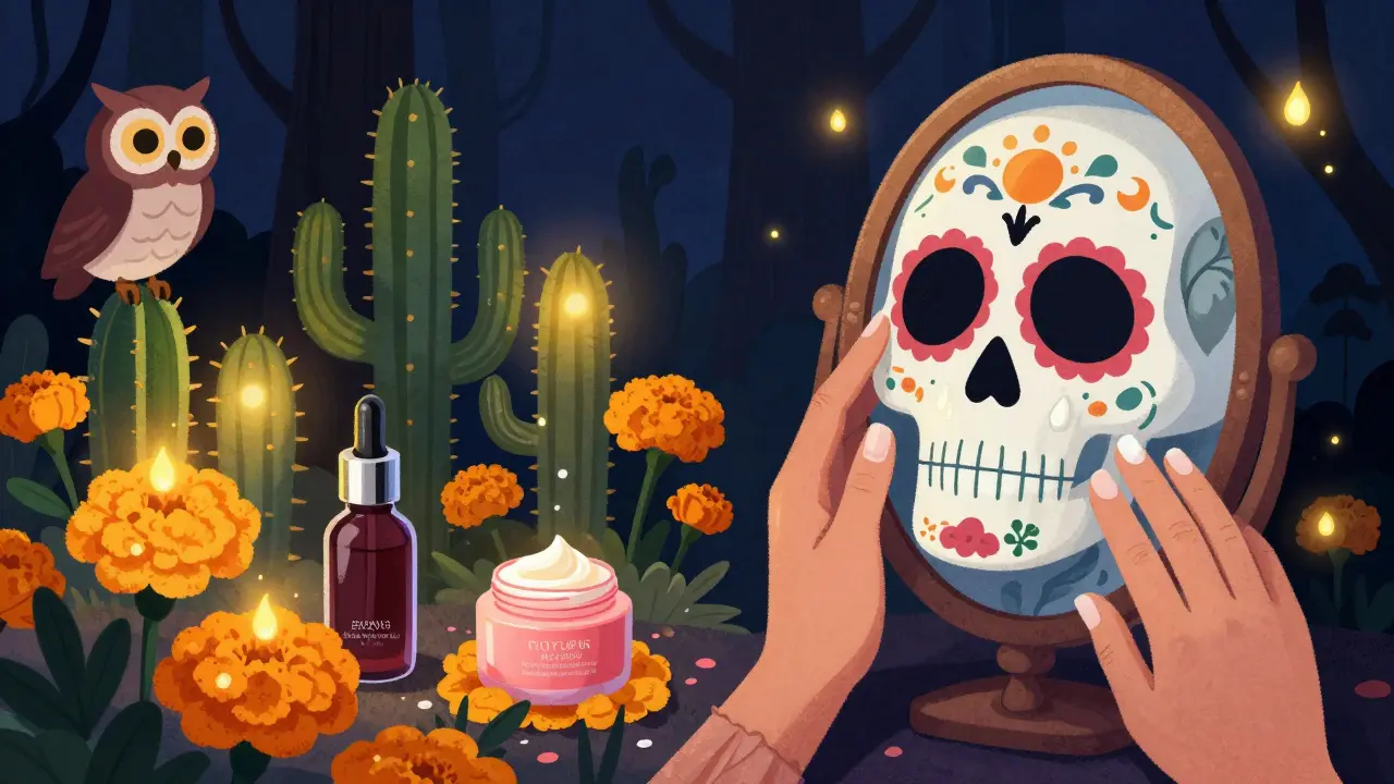 Ритуал ночного ухода в виде черепа-зеркала, вокруг — цветы и скелеты, несущие увлажняющие компоненты.