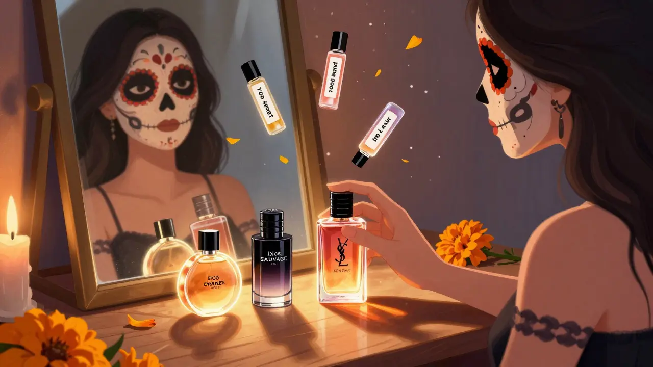 Рука кладёт флакон парфюма на стол, в зеркале отражается настоящая женщина, вокруг — отвергнутые ароматы и три идеальных флакона.
