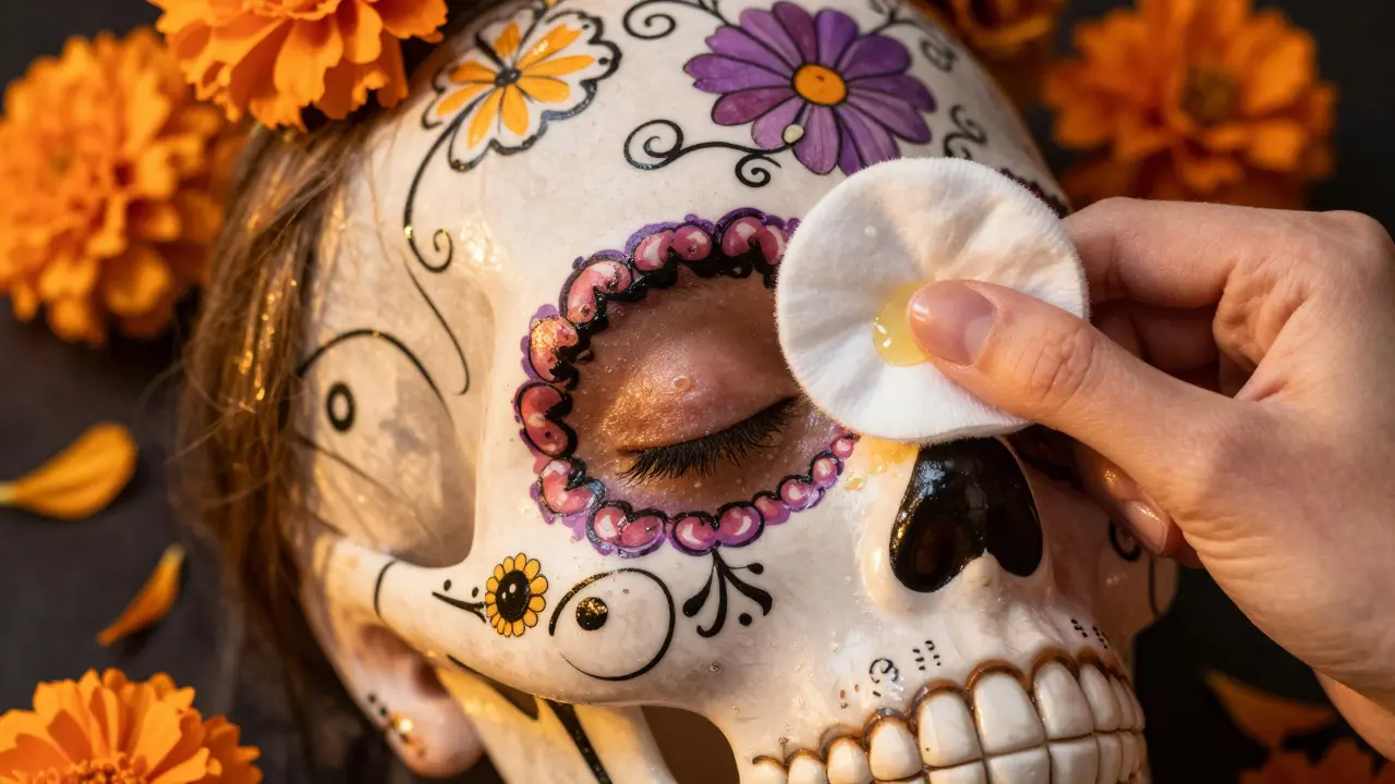 Рука наносит гидрофильное масло на закрытый глаз черепа с ватным диском.