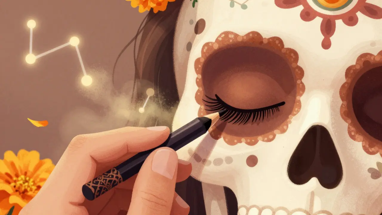 Рука наносит подводку на нижнее веко, вокруг — падающие лепестки и черепа в стиле Дня мертвых.