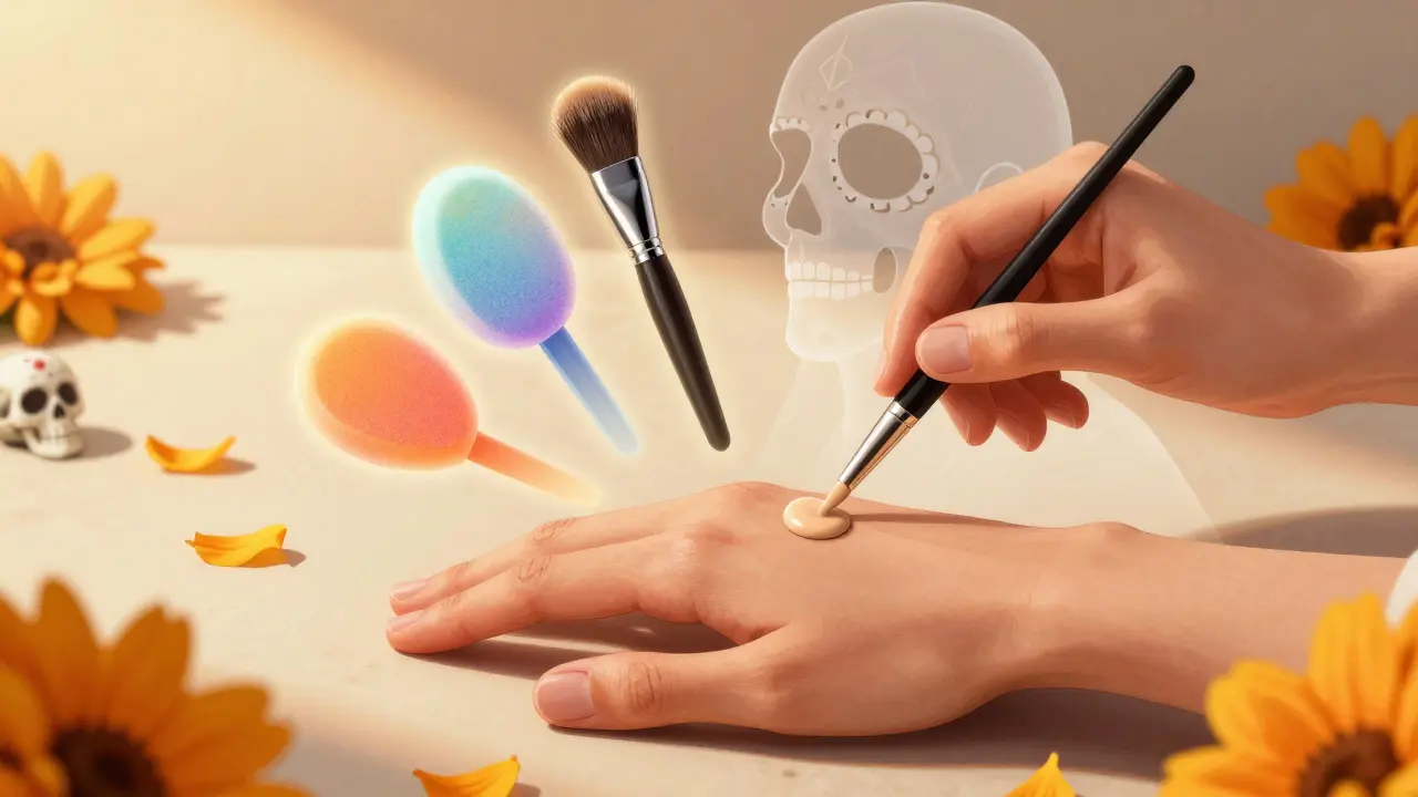 Рука наносит тональное средство на ладонь, рядом — плавающие инструменты для макияжа и цветы бархатцев.