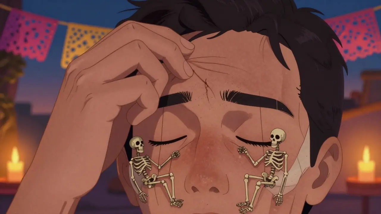 Рука растягивает кожу лба, а под ней крошечные скелеты расслабляются, символизируя действие ботокса.