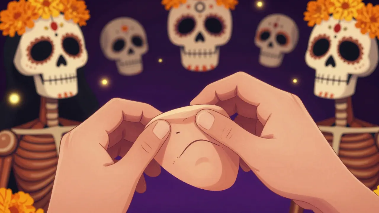 Рука тянет кожу, морщина исчезает, вокруг — скелеты и бархатные бутоны в стиле Дня мёртвых.