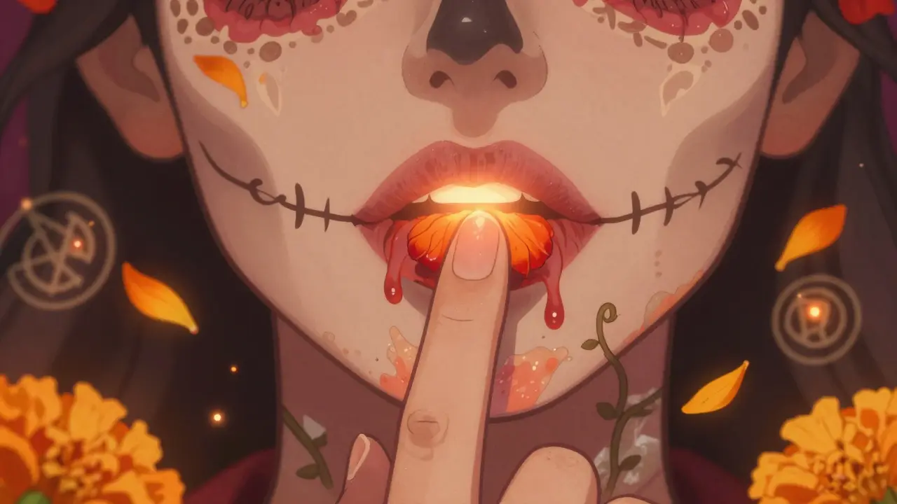 Рука вбивает пигмент в центр губ, вокруг — падающие мариголды и тонкие костяные узоры.