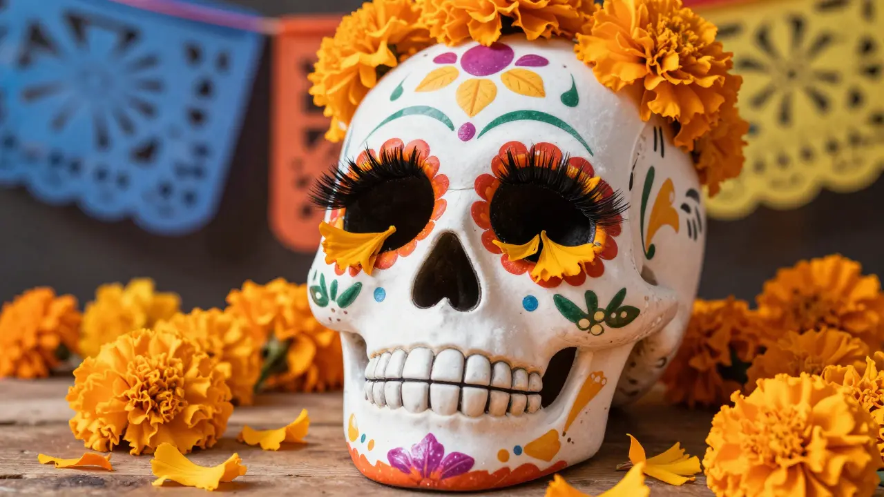 Сахарная черепа с здоровыми ресницами, украшенная бархатцами.