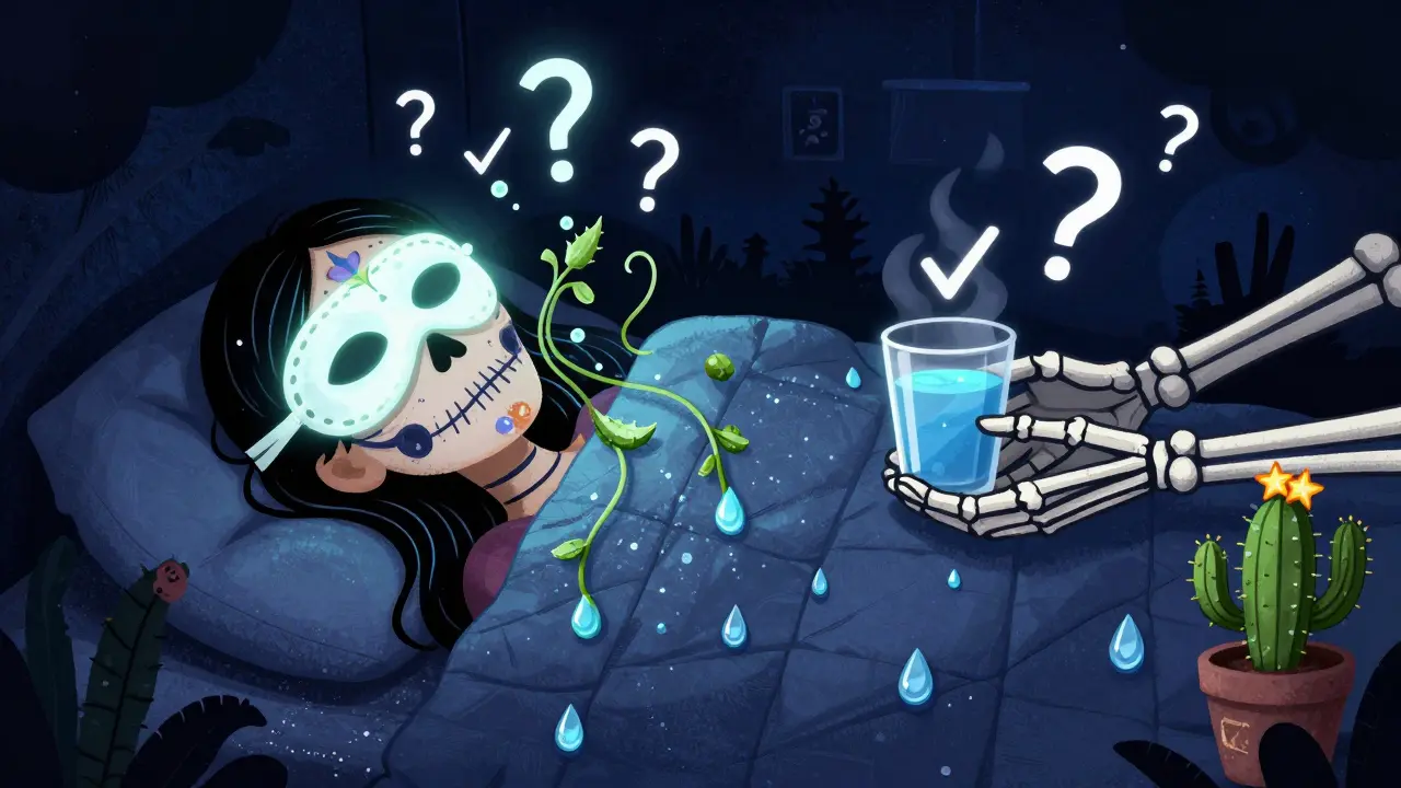 Спящий человек под одеялом из капель воды, ночная маска испускает увлажняющие потоки, рядом — череп с кувшином воды.