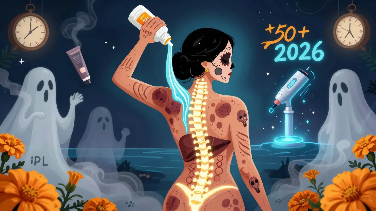 Спина женщины с внутренними органами, соединенными с пигментацией в виде черепов, а солнцезащитный крем течет как река.