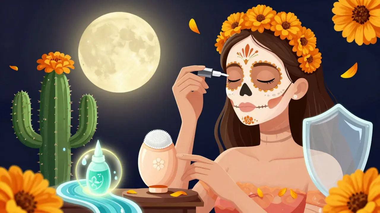 Спокойная женщина с восстановленной кожей наносит сыворотку, держа чистую щетку, окруженную целебными элементами в стиле Дня мертвых.