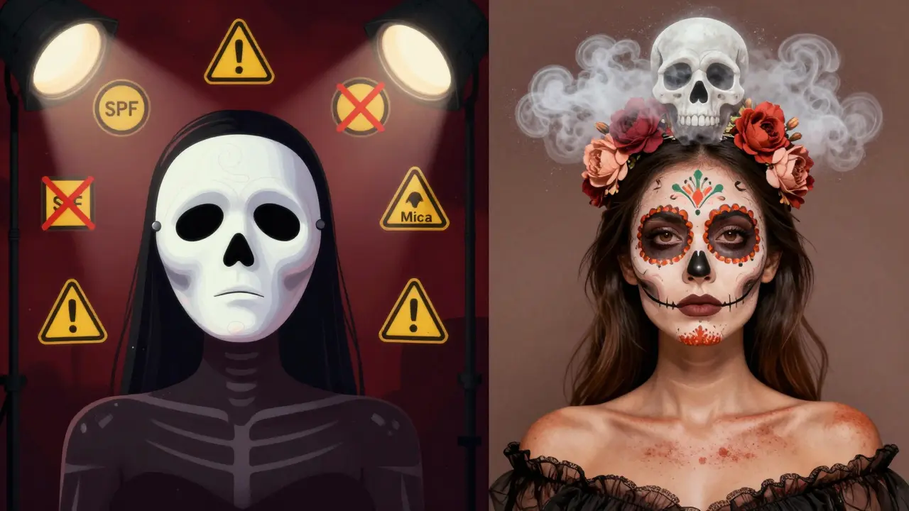 Сравнение: лицо с флэшбэком слева и идеальным тоном справа, с черепом из пудры над головой.