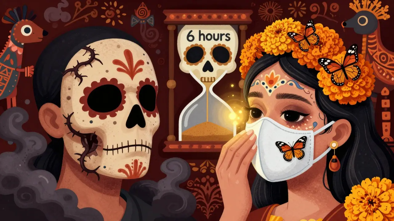 Сравнение синтетической и хлопковой маски: одна вызывает воспаления, другая — исцеление, в стиле Дня мёртвых.