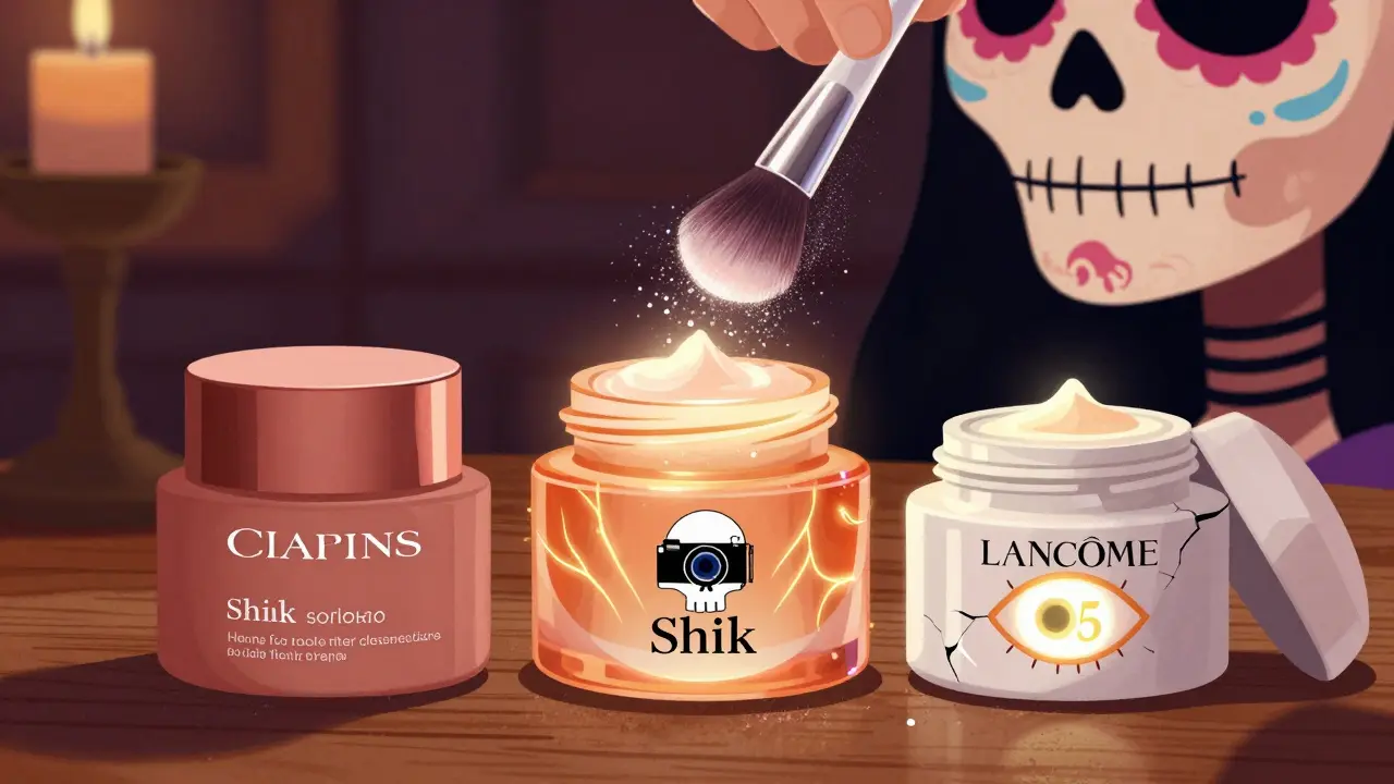 Три косметических баночки с символами Дня мёртвых, одна из них разрушена светящимся SPF.