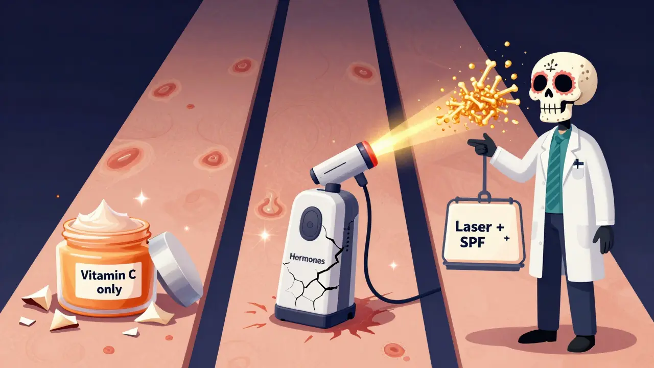 Три пути борьбы с пигментацией: крем, IPL и лазер PicoSure, изображенные в стиле Дня мертвых с костяными элементами.