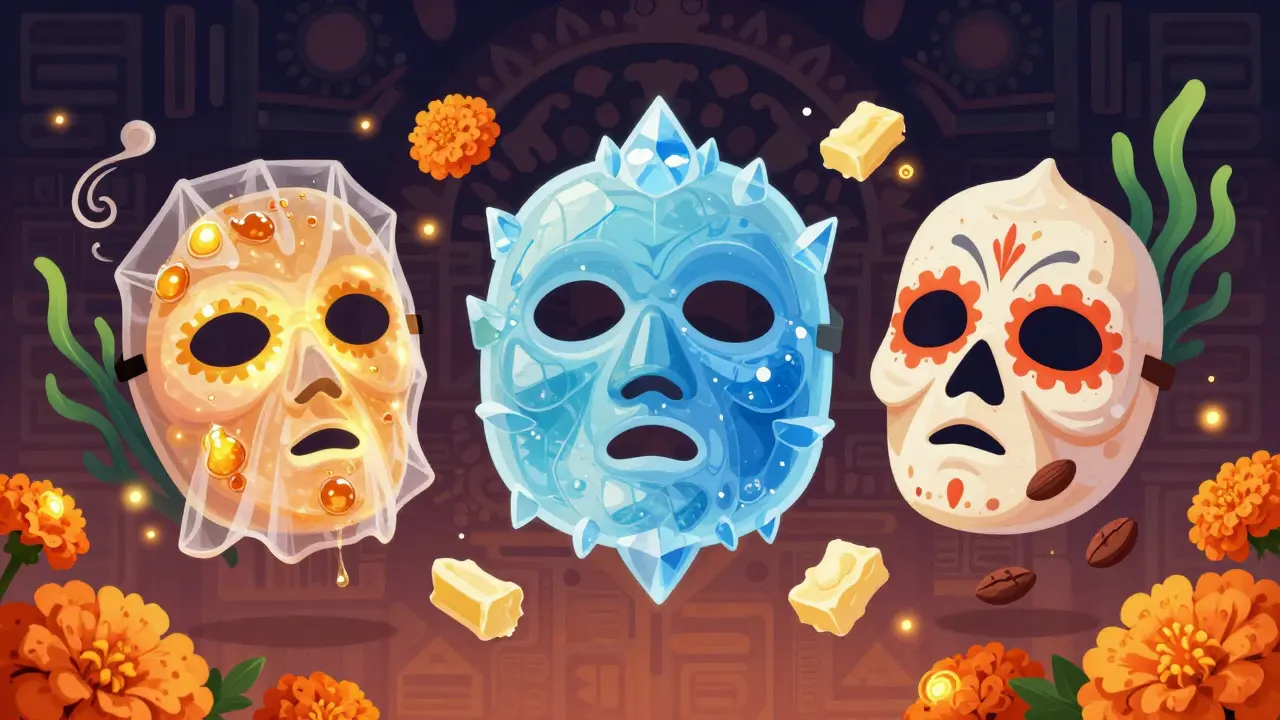Три волшебные маски в виде амулетов: тканевая, гелевая и кремовая, с плавающими увлажняющими ингредиентами.
