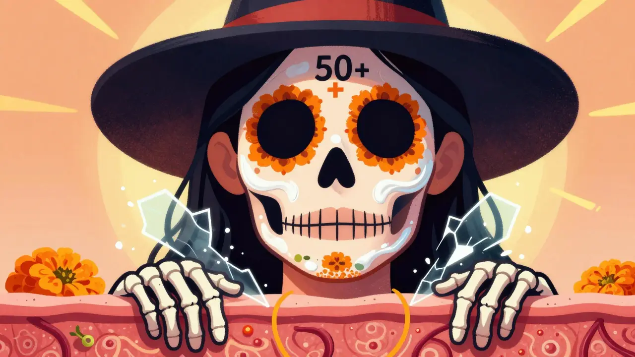 Защищенное лицо под шляпой с толстым слоем SPF-крема, окружённое черепами и барьером из бархатцев.