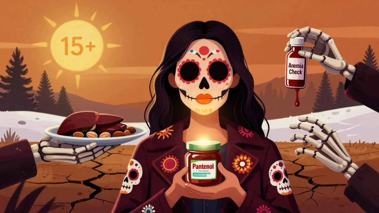 Женщина держит бальзам, а скелеты подносят еду и анализ крови, на фоне зимний пейзаж с щитом SPF.