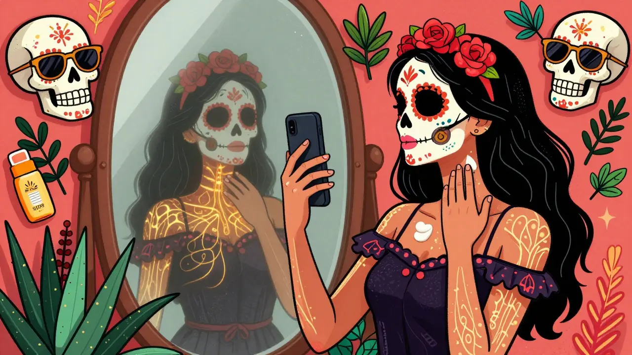 Женщина наносит солнцезащитный крем на шею, держа телефон на уровне глаз, вокруг неё — черепа в очках и листья целебных трав.