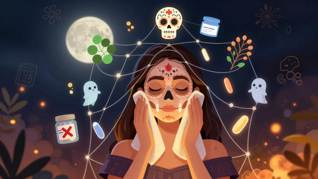 Женщина после маски, окруженная молекулами-хранителями кожи, над ней — символы трендов 2026 года