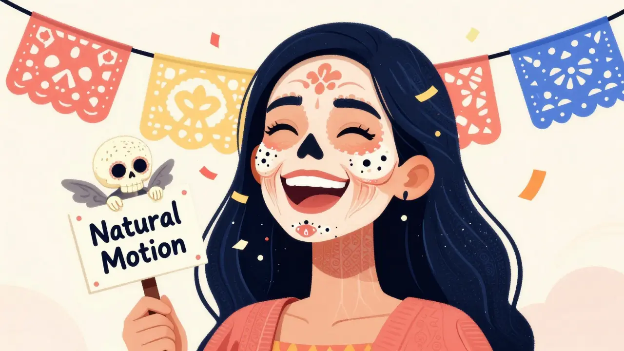 Женщина смеется, морщины исчезают, превращаясь в черепа и конфетти, скелет-ангел с надписью 'Естественное движение'.