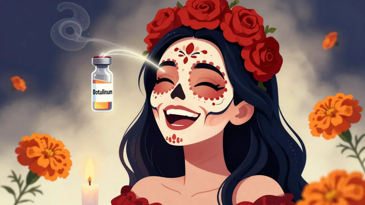 Женщина смеётся, на лице нет морщин, вокруг — светящиеся нити и мариголды в стиле Дня мёртвых.