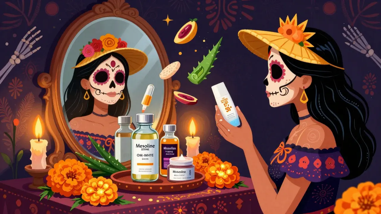 Женщина смотрит в зеркало — её кожа стала светлее, рядом с ней — символы ухода и коктейлей в стиле Дня мёртвых.